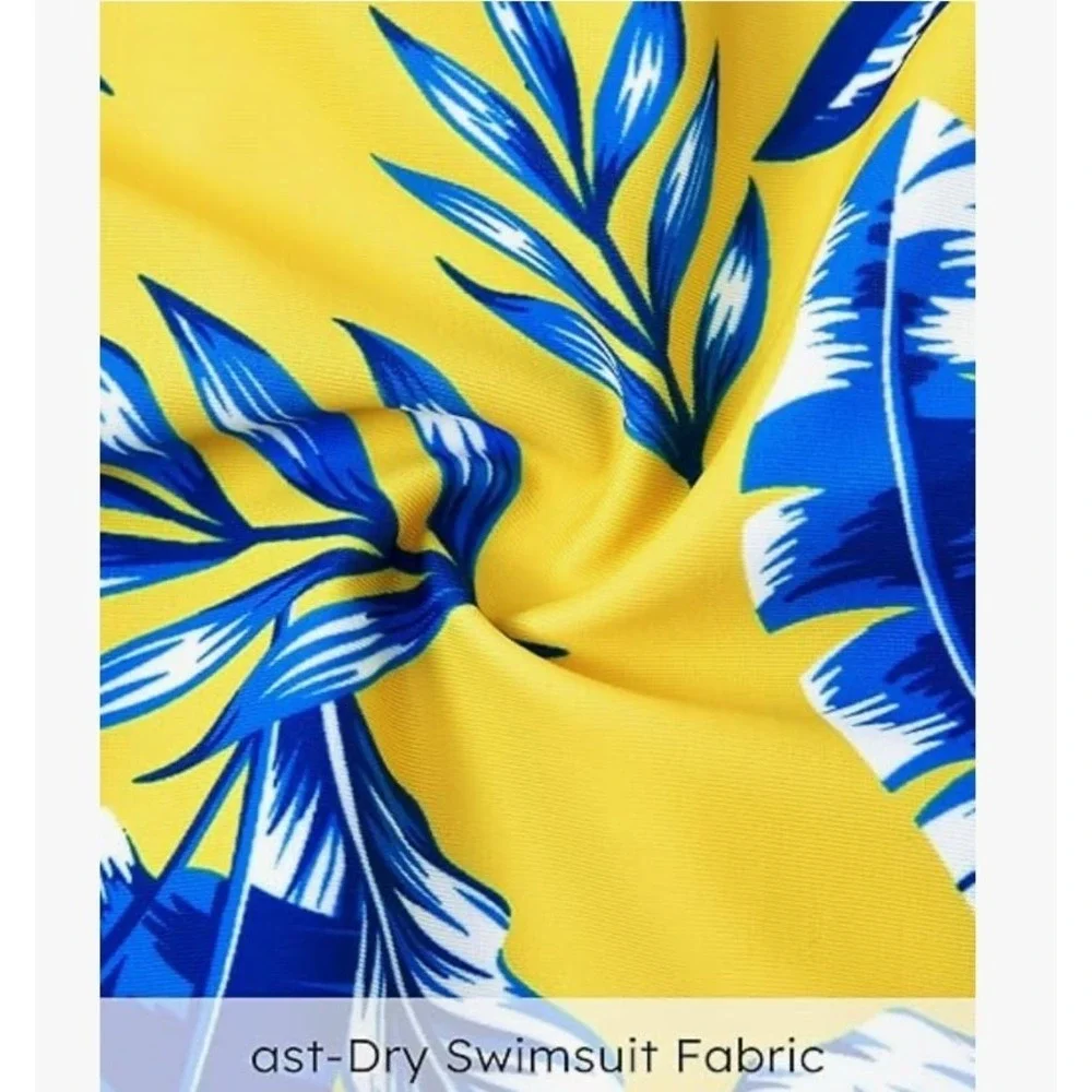 Men's Large Yellow Blue Tropical Leaf Swim Trunks Elastic Drawstring‎ Pockets